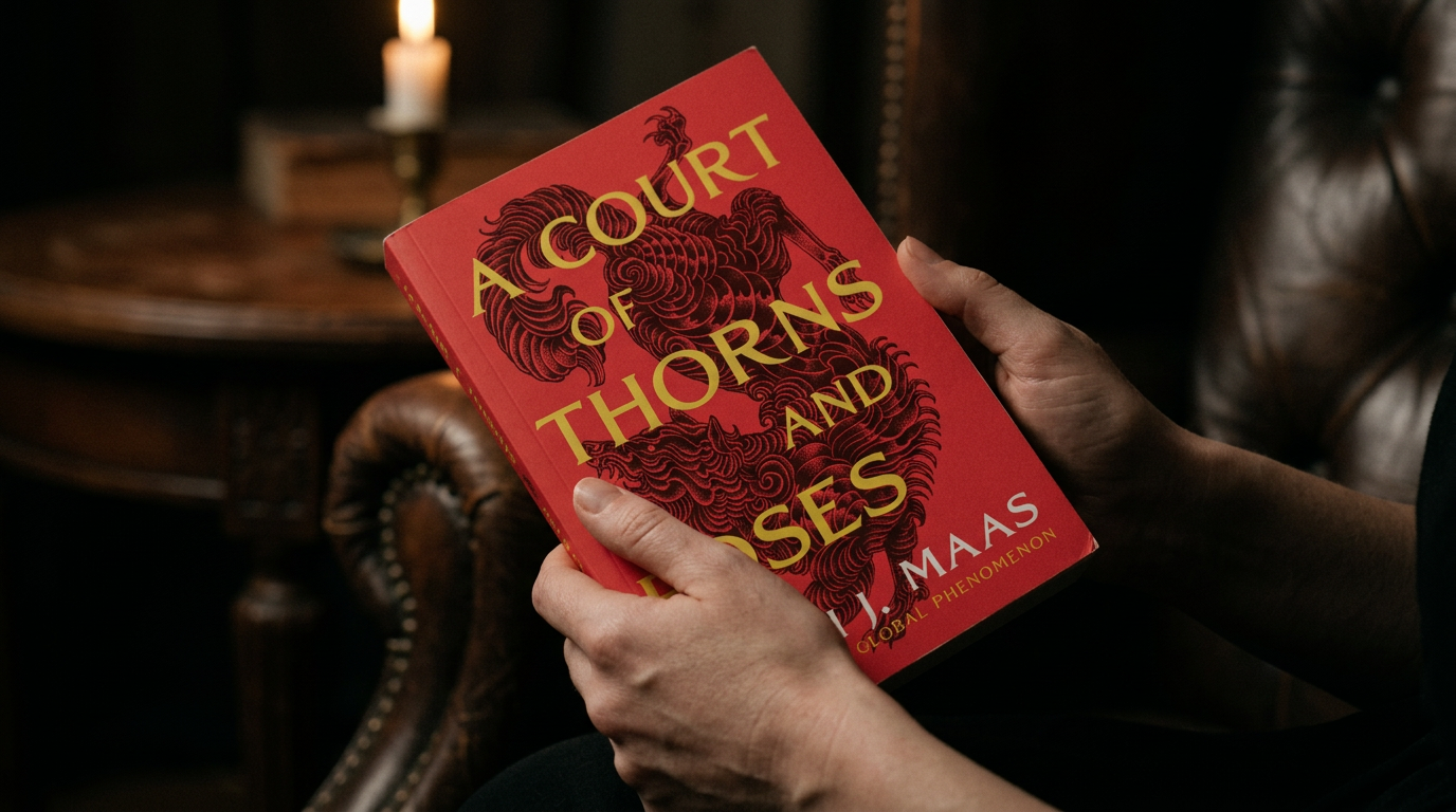 Close-up of hands holding a romance novel by candlelight in a dark academia reading nook